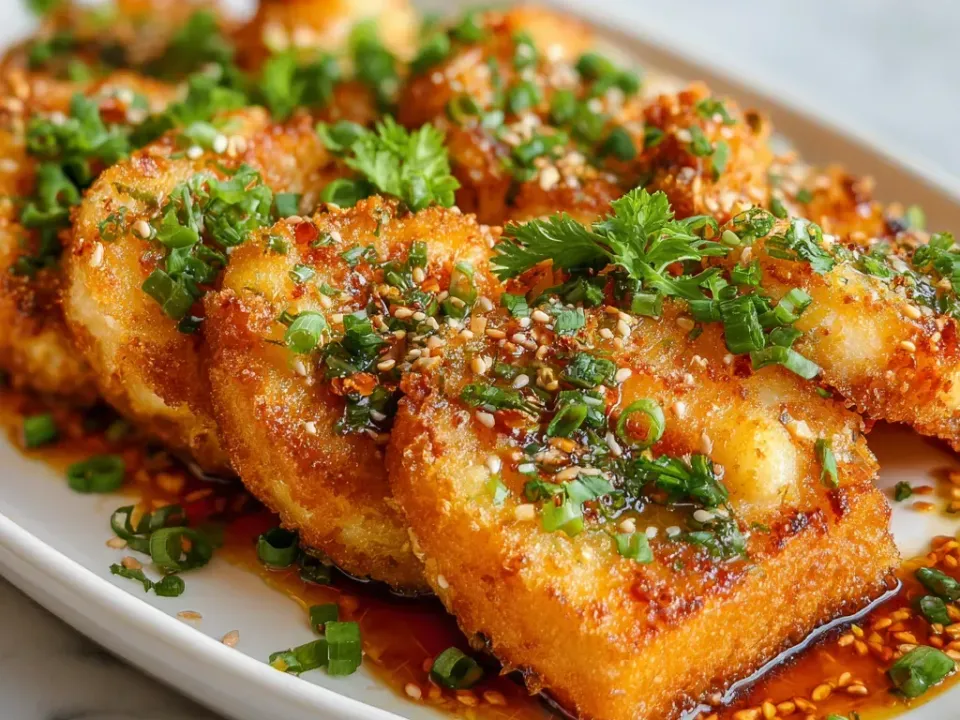 Thick golden deep-fried toast rectangles stacked on a platter, topped with chili oil, sesame seeds, sliced green onion and cilantro, with chili oil pooling on the plate