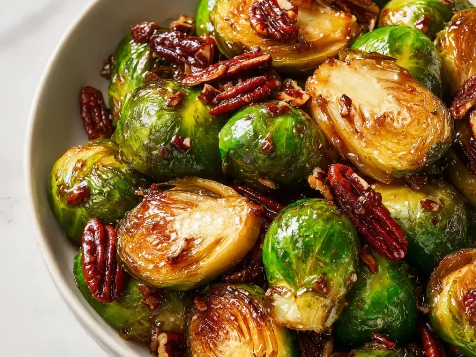 A white bowl of halved roasted Brussels sprouts with caramelised faces in a glossy balsamic glaze, tossed with candied pecan halves