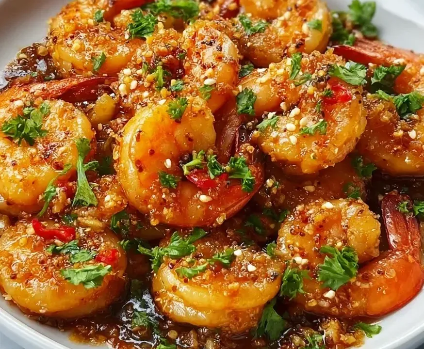 Whole peeled shrimp in a glossy orange-brown garlic sauce heavily scattered with visible minced garlic, red chilli pieces and chopped parsley in a white bowl