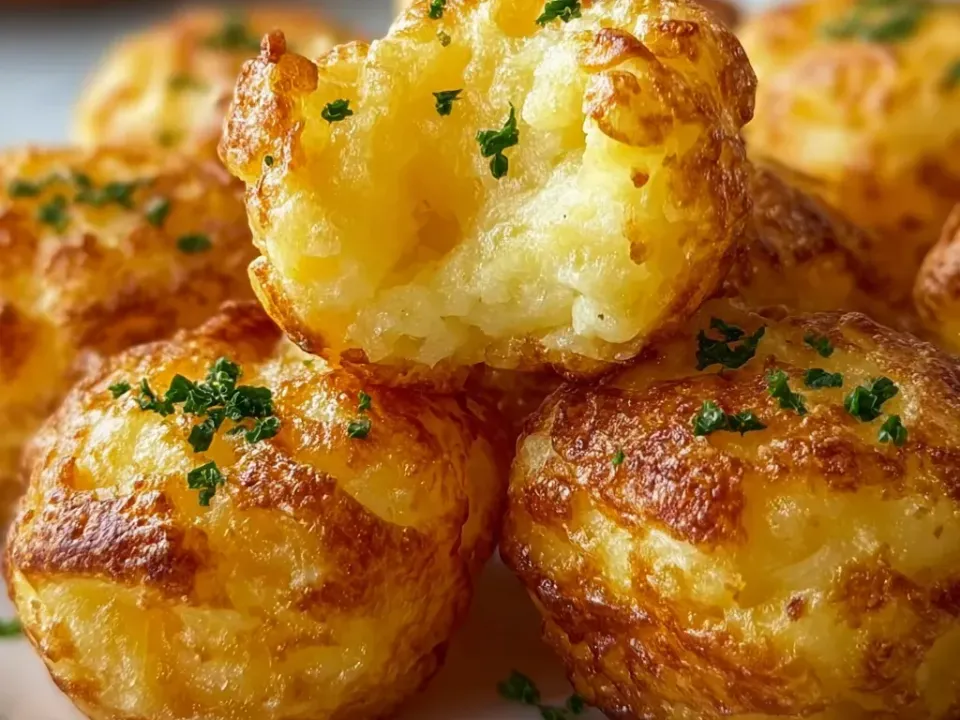 A plate of round golden baked mashed potato puffs with crisp browned edges, one broken open to show a soft cheesy inside, sprinkled with parsley