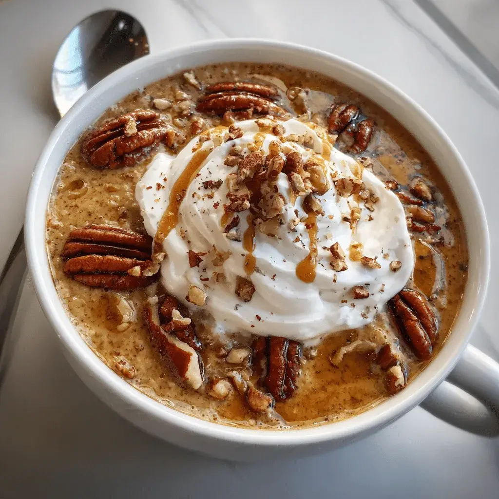 Slow cooker pumpkin pie oatmeal in a rustic bowl topped with pecans