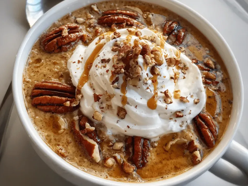 Bowl of creamy pumpkin pie oatmeal cooked in the slow cooker