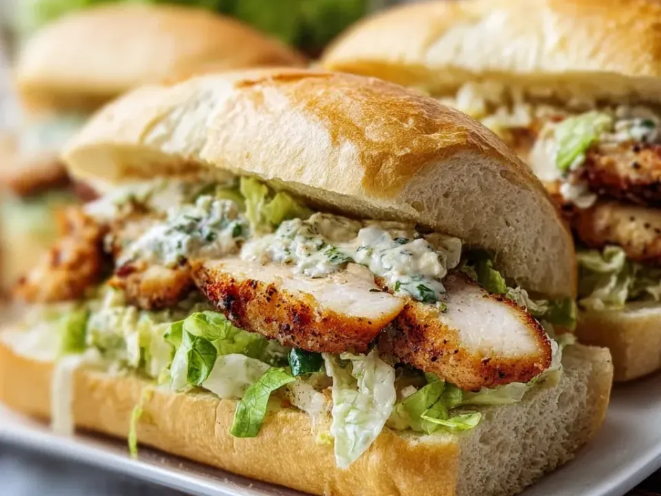 Crusty split sub rolls filled with dressed shredded romaine, sliced spice-crusted seared chicken and a creamy herb-flecked dressing, more sandwiches behind