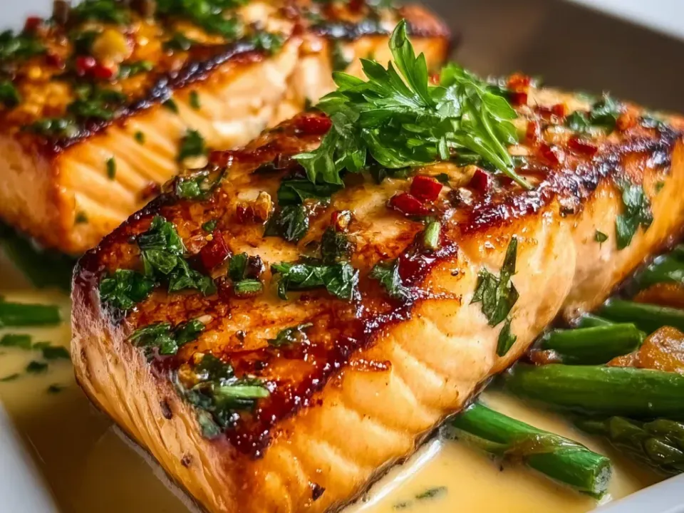 Two seared salmon fillets with a caramelised glaze flecked with red chili and herbs, sitting in a pale golden creamy sauce with green beans and parsley
