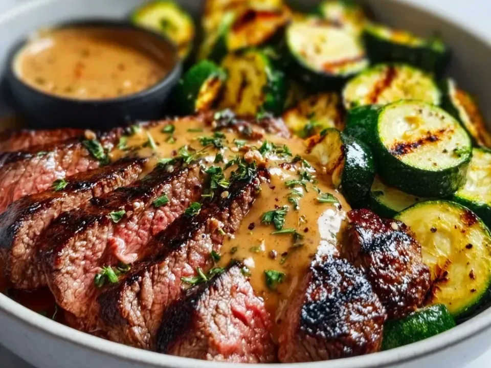Thick slices of grilled steak with dark char lines and a rosy pink interior coated in a pale golden creamy sauce flecked with green herb, alongside charred grilled zucchini rounds and a small ramekin of the same sauce