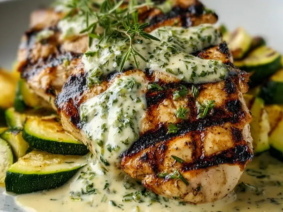 Griddle-marked grilled chicken breasts on a white plate under a pale green creamy herb sauce, with charred zucchini half-moons alongside