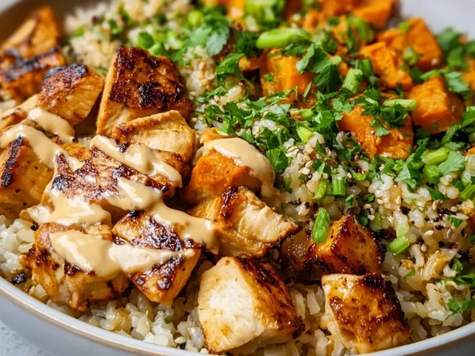 A bowl of rice flecked with green and scattered with sesame seeds, sectioned into seared cubed chicken under a pale tan creamy drizzle, roasted orange sweet potato cubes, cilantro and green onion