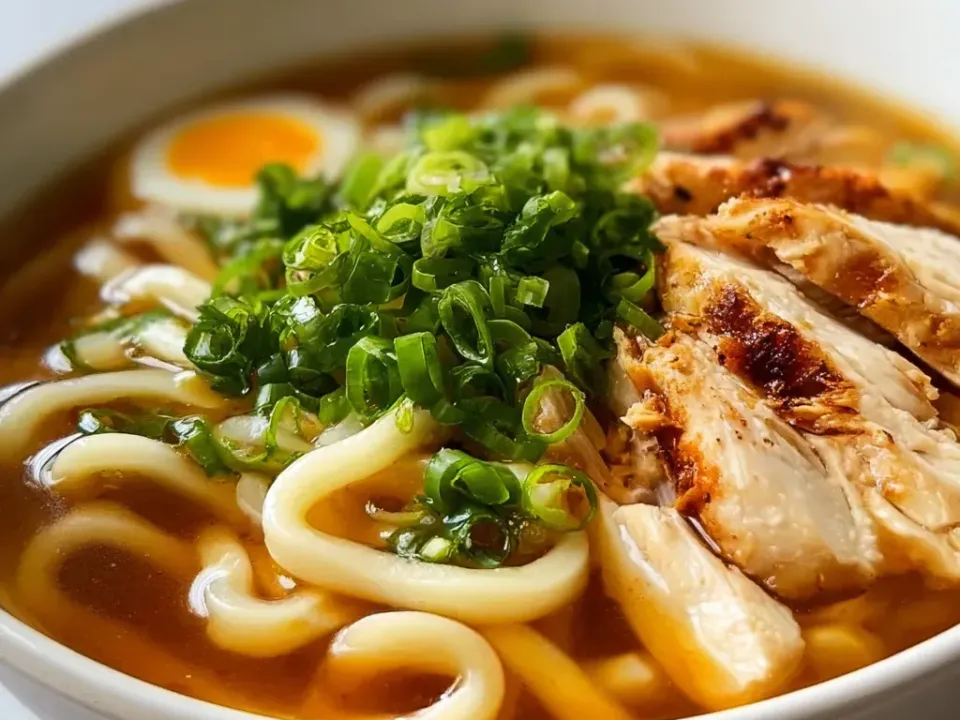 A clear brown broth with thick white udon noodles, slices of seared chicken with charred edges, a mound of sliced green onion and a halved egg with a soft orange yolk
