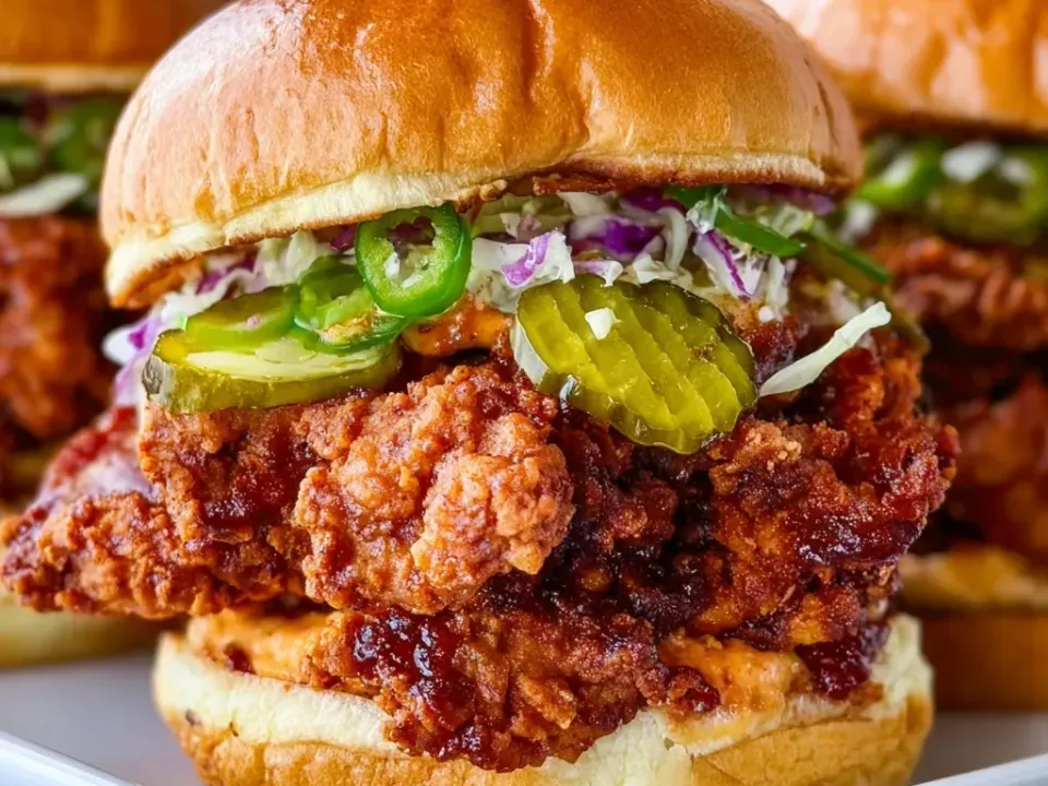 A brioche bun sandwich with a craggy fried chicken fillet coated in glossy dark red spicy paste, dill pickle chips, jalapeño slices and red and white cabbage slaw