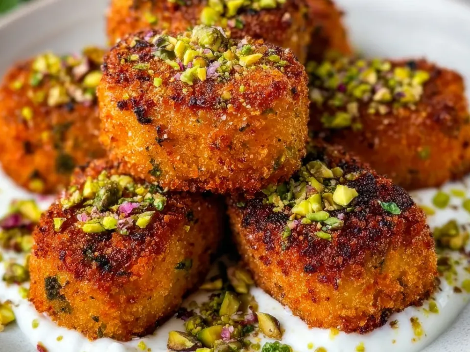 Crisp orange sweet potato croquettes crusted with chopped pistachio, sitting on a pool of white burrata dip