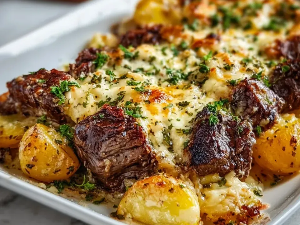 A white baking dish of seared beef chunks and golden halved baby potatoes under melted pale cheese browned in spots, scattered with parsley