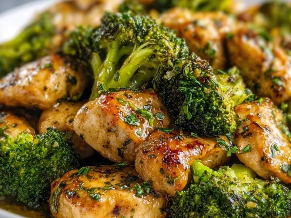 Browned chicken chunks and charred broccoli florets in a glossy garlic butter sauce in a white bowl, with no starch on the plate