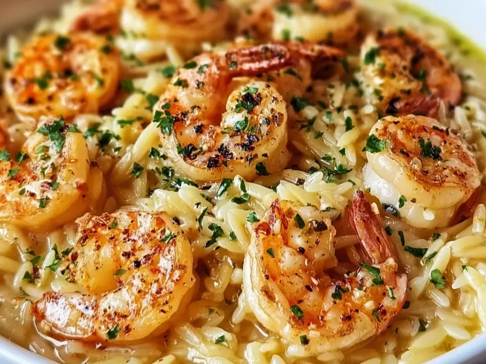 Shrimp on a bed of orzo in a clear yellow lemon-garlic butter sauce in a white bowl, with chopped parsley and red chilli flakes and sauce pooling at the edge