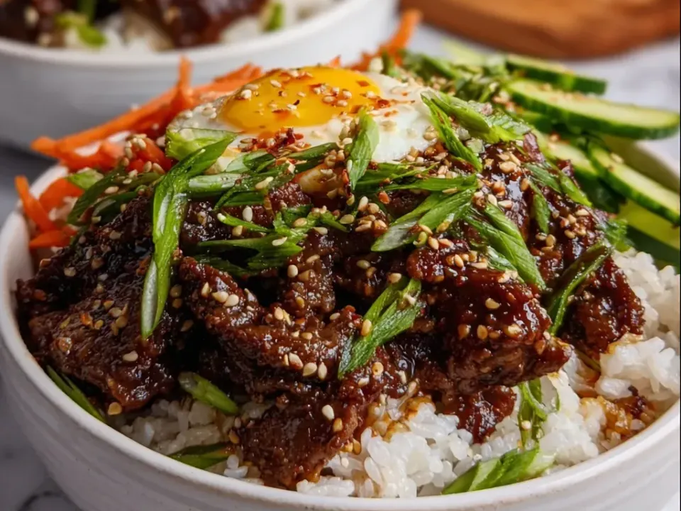A bowl of white rice topped with thin strips of dark caramelised beef in a glossy sauce, a fried egg with a soft yolk, julienned carrot, sliced cucumber, green onion and sesame seeds
