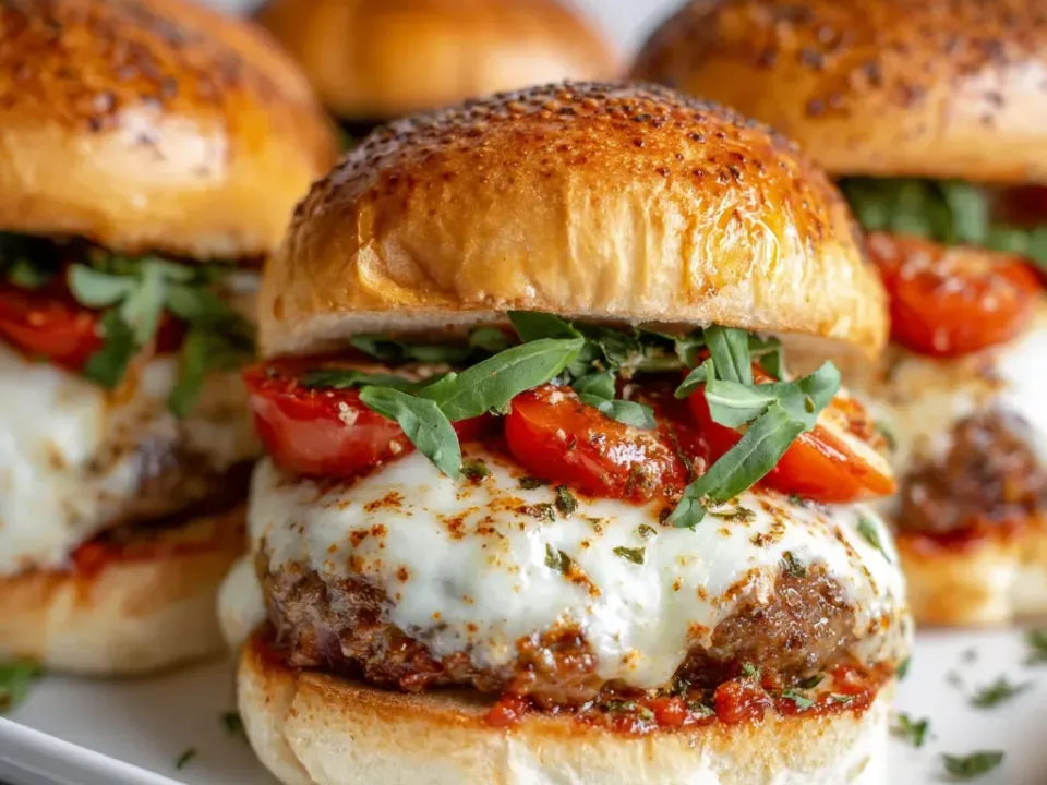 Burgers on glossy toasted buns, each a beef patty under a blanket of melted mozzarella with marinara, blistered cherry tomato halves and ribbons of fresh basil