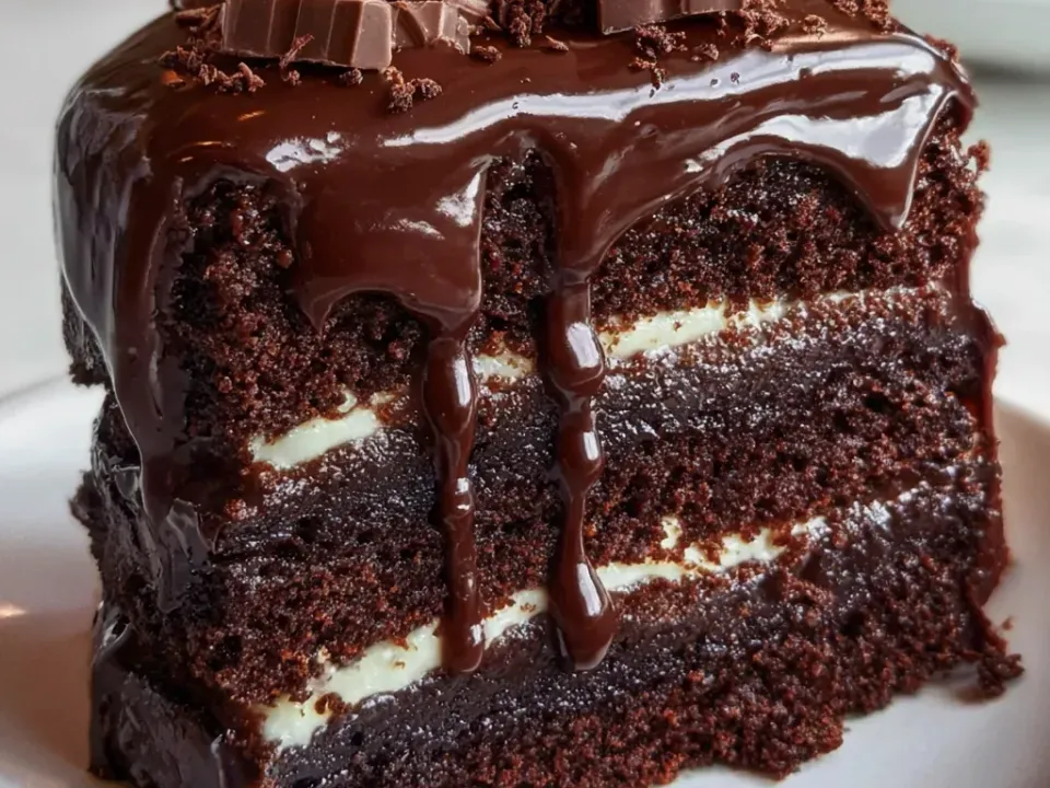 A tall slice of dark chocolate layer cake with thin pale cream filling, glossy dark ganache dripping down the side and chocolate chunks on top