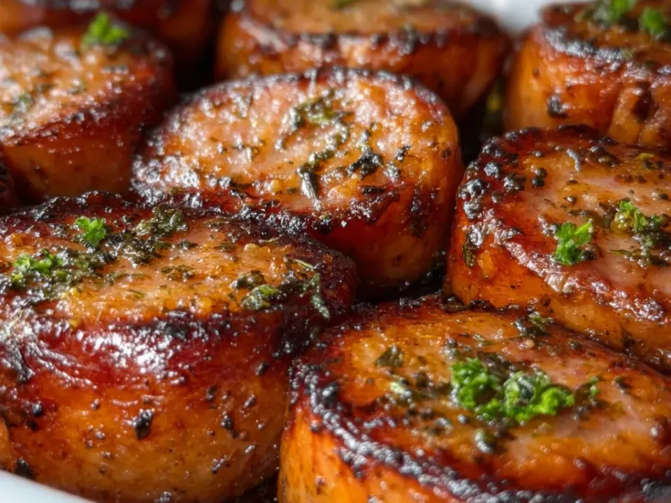 Thick sausage rounds roasted to dark caramelised and part-charred surfaces in a white dish, flecked with chopped green herb
