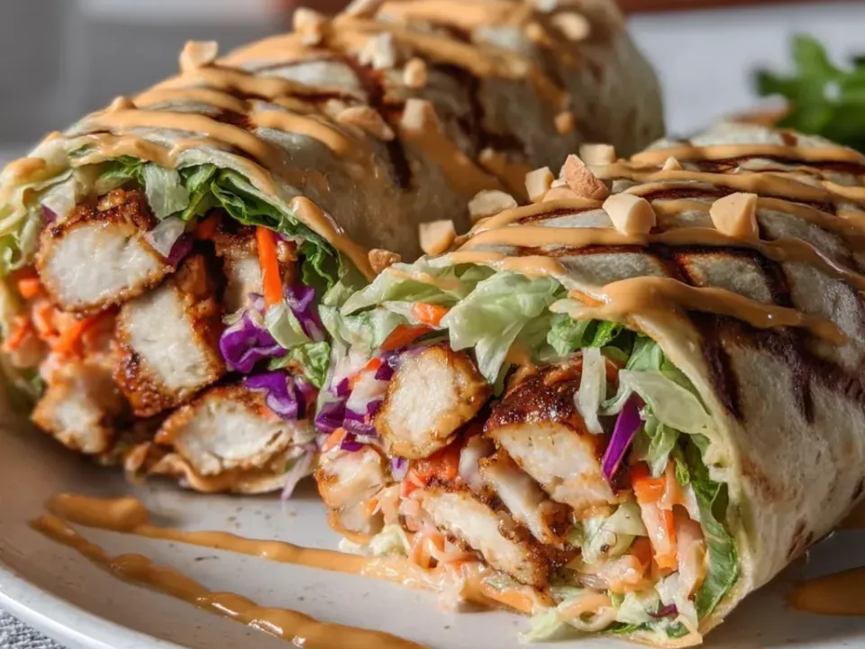 Two halves of a griddled flour-tortilla wrap with dark grill marks filled with browned chicken, lettuce, purple cabbage and carrot, drizzled with tan peanut sauce and chopped peanuts
