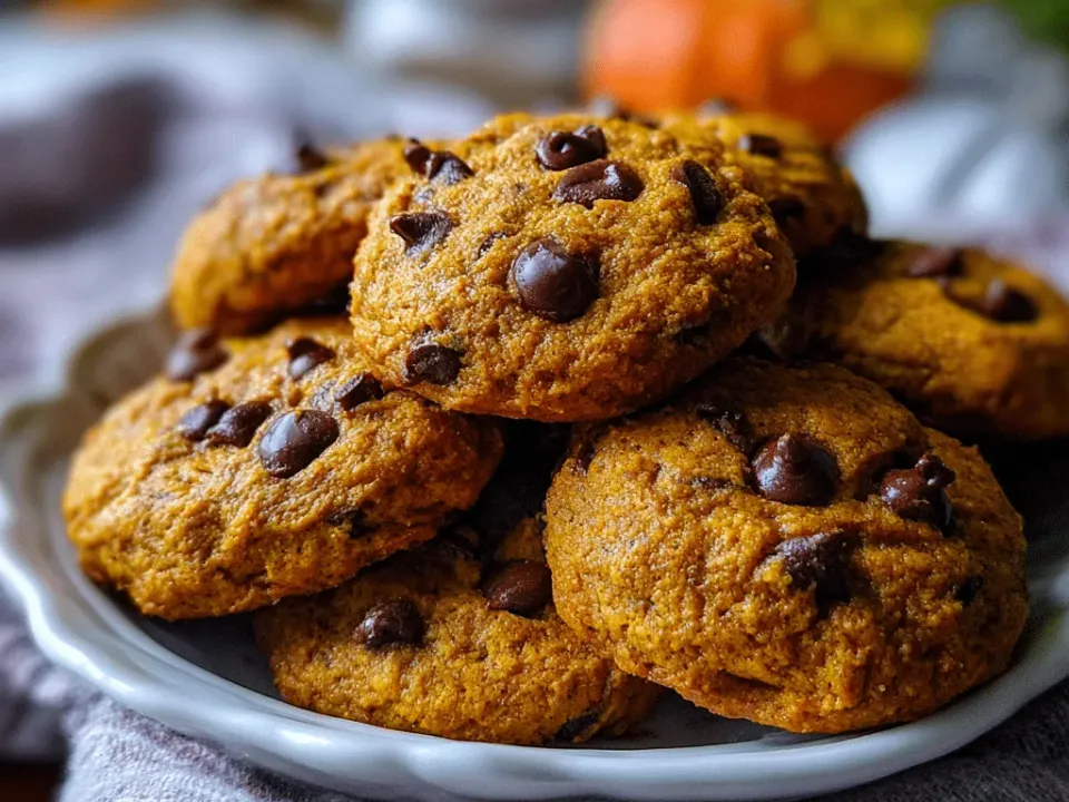 Three-ingredient pumpkin cookies with chocolate chips on a plate