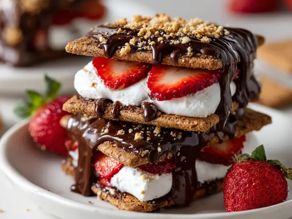 Square graham cracker sandwiches filled with thick white cream-cheese filling and sliced strawberry, tops flooded and dripping with dark chocolate and scattered with crushed graham crumbs