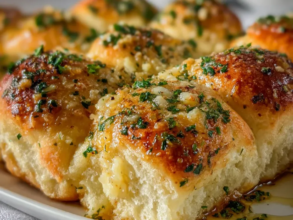 A tray of golden pull-apart yeast rolls glossy with garlic butter and covered in chopped parsley, one torn to show a soft white crumb