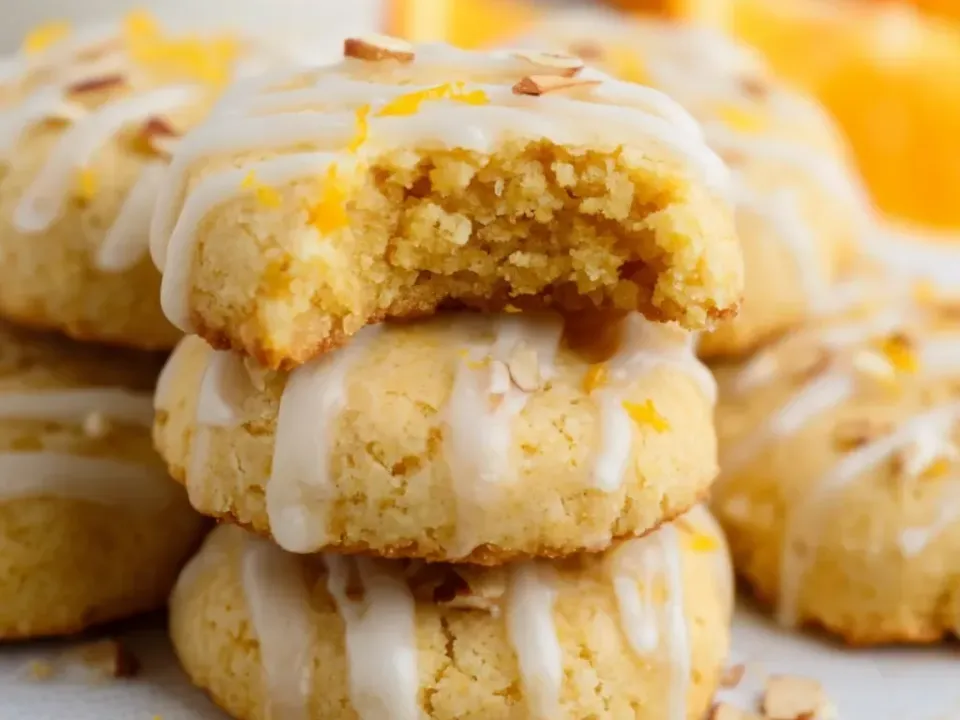 Thick pale golden soft-textured cookies with a coarse crumb, drizzled with thin white icing and scattered with chopped almonds and shreds of orange zest