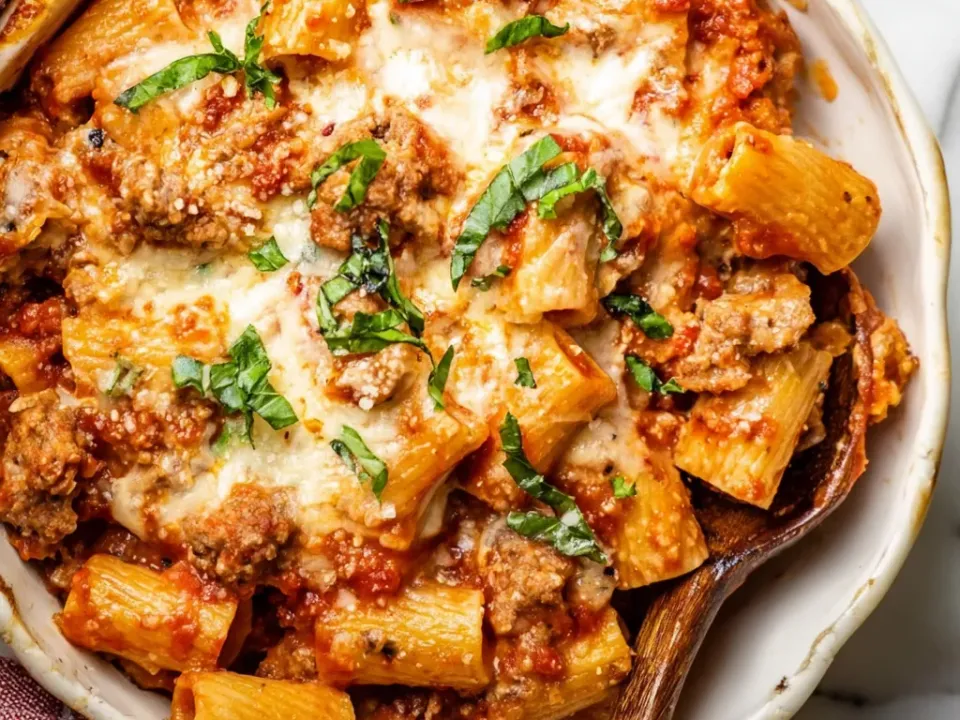 Rigatoni in red sauce with crumbled sausage under patches of melted browned mozzarella and fresh basil, in a baking dish