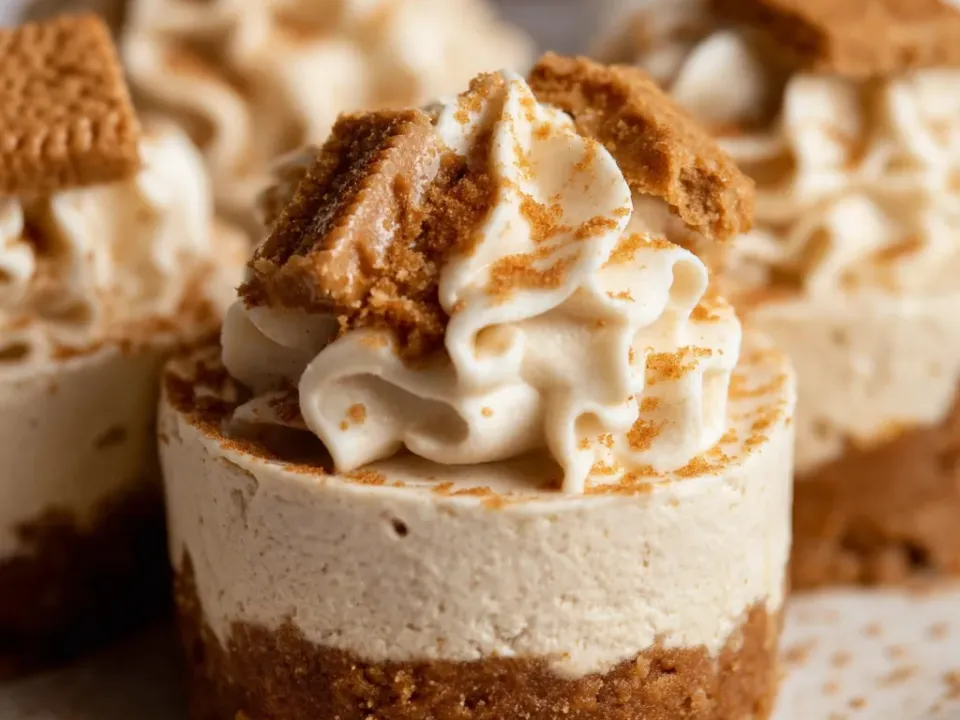 Individual mini cheesecakes with a cookie crumb crust, whipped cream and a Biscoff cookie garnish
