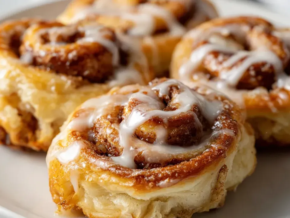 Round rolls of visibly laminated flaky golden puff pastry spiralled with a dark cinnamon-sugar filling, drizzled with a thin white icing on a white plate