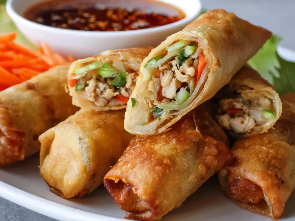 Golden deep-fried spring rolls on a white plate, two cut open to show a minced chicken, carrot, green onion and noodle filling, with a bowl of sweet chili sauce behind