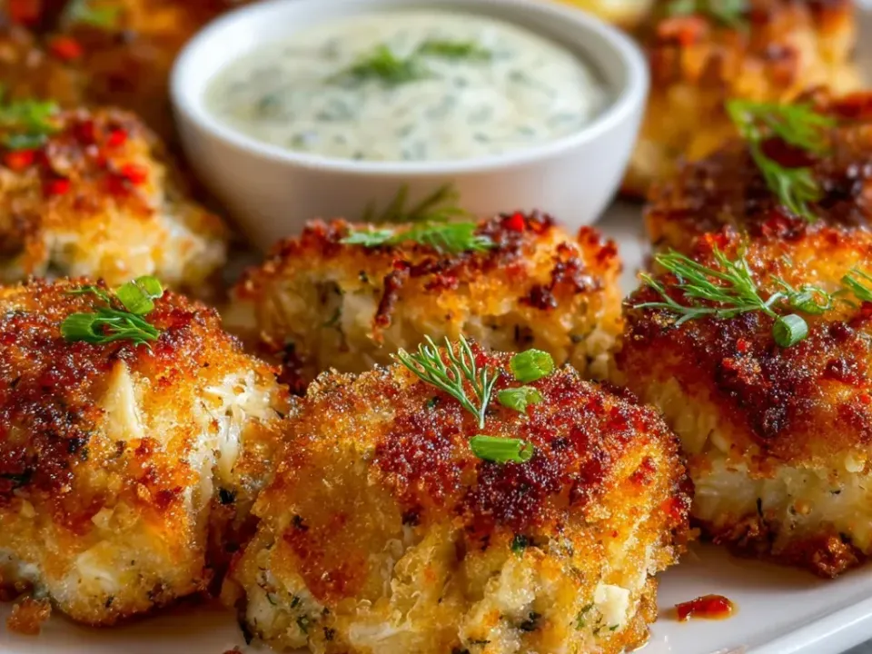 Small round crab cakes with deeply browned crisp crumb, red pepper flecks and dill fronds, around a bowl of creamy herbed dill sauce with a lemon wedge