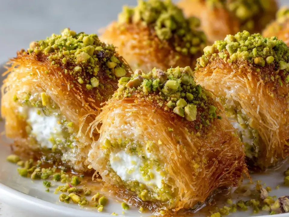Golden shredded-pastry rolls cut to show a white creamy filling, heavily topped with chopped green pistachios, with pistachio crumbs on the plate