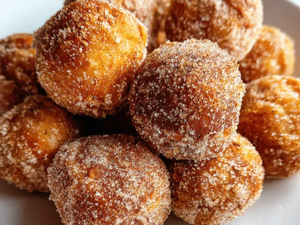 Pumpkin donut holes on a rustic plate, rolled in cinnamon sugar