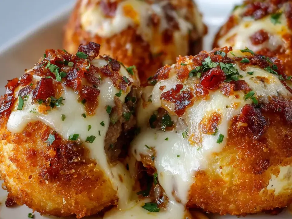 Deep-fried golden crumbed spheres oozing melted mozzarella on a white plate, topped with crisp bacon and parsley