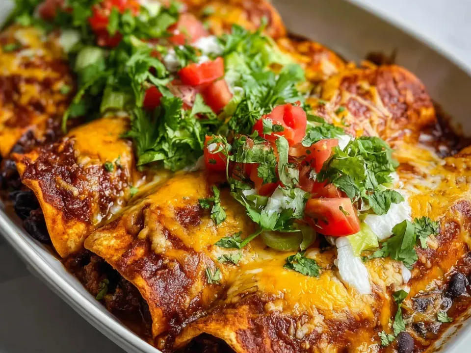 Rolled tortillas under dark red enchilada sauce and melted orange cheese, topped with shredded lettuce, diced tomato, coriander and white sour cream in a white dish