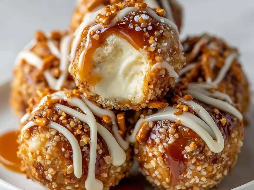A plate of round cheesecake balls coated in crushed pretzels, drizzled with caramel and white chocolate, one bitten open to show a smooth white centre
