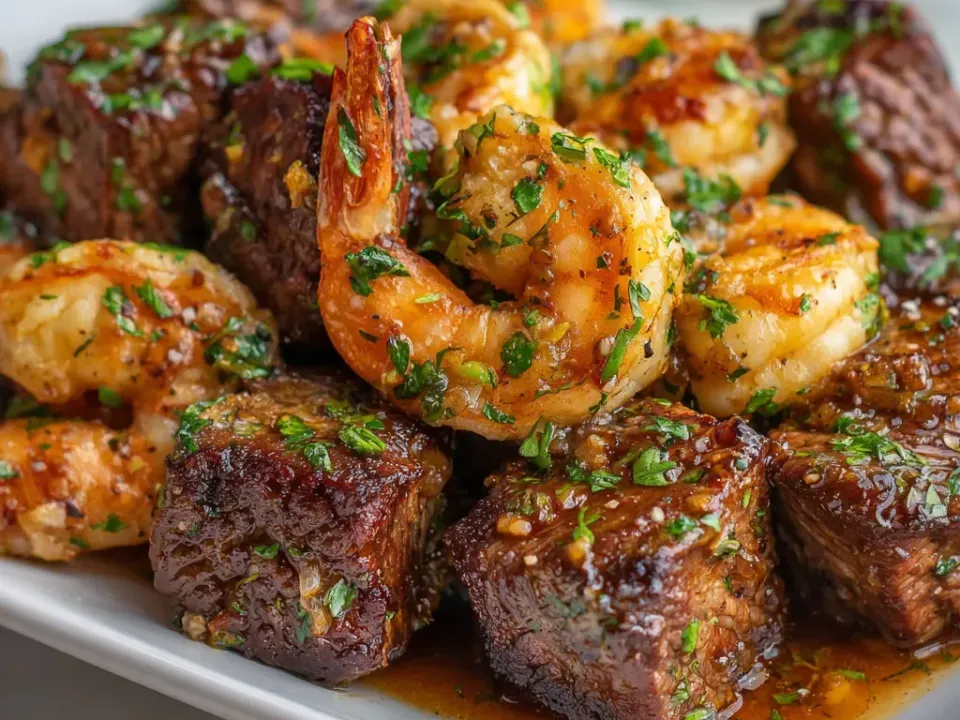 Seared steak bites with dark crusts and large pink shrimp with golden seasoned surfaces in a glossy garlic butter pan sauce with chopped parsley on a white platter