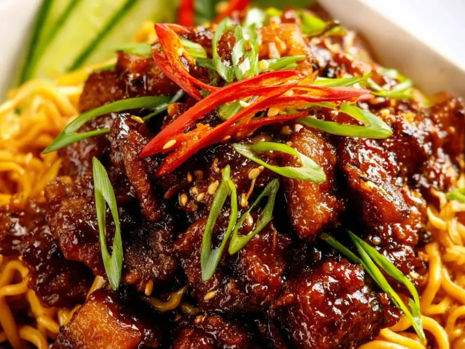 Yellow noodles in a white bowl topped with dark glossy crispy beef cubes, sliced scallion, red chilli, sesame seeds and cucumber slices