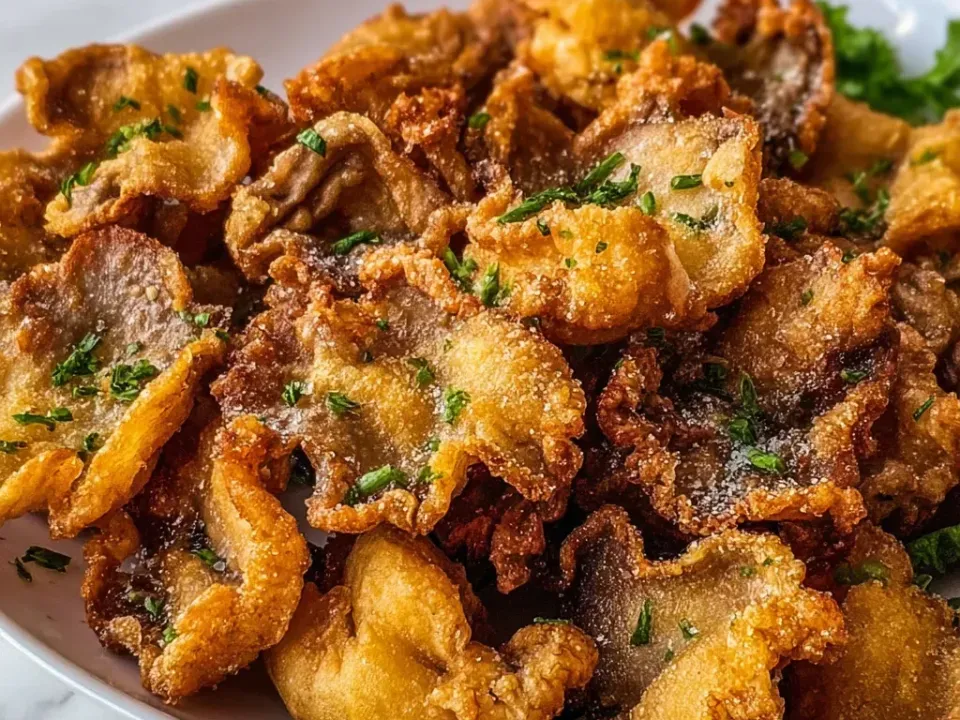 A plate piled with ruffled oyster mushroom clusters in a craggy golden fried coating, sprinkled with chopped herbs, with parsley at the edge