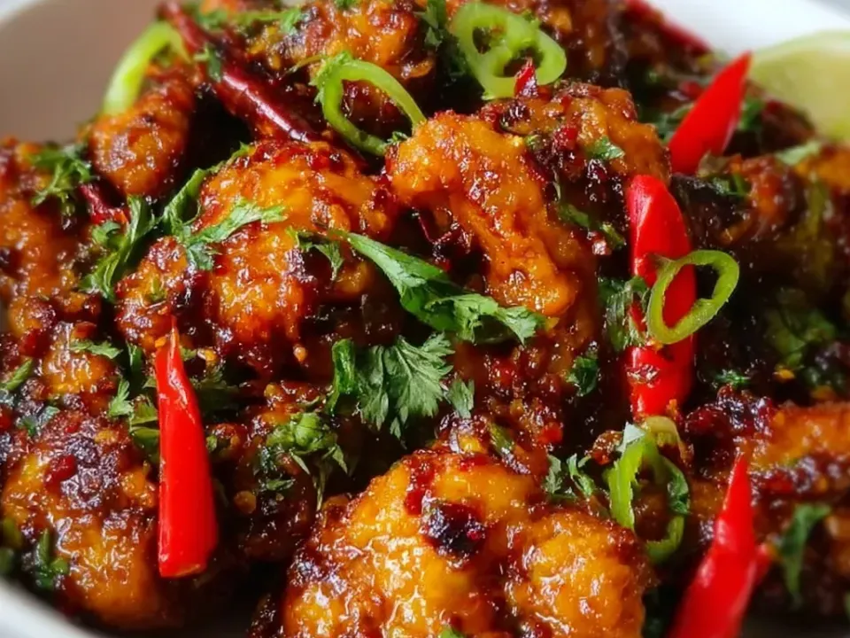 A white bowl of crisp-coated chicken pieces glazed in a glossy red-brown chilli sauce with sliced fresh red and green chillies, dried red chillies, cilantro and a lime wedge