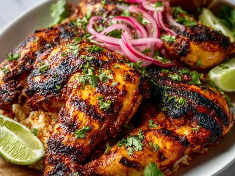 Heavily charred red-spiced grilled chicken pieces on a white platter topped with pink pickled red onion and cilantro, with lime wedges, a bowl of red salsa and rice