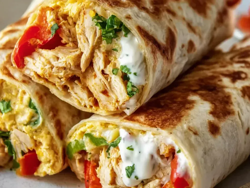 Two flour-tortilla burritos griddled to golden blistered patches, cut to show shredded chicken, red and green bell pepper, melted pale cheese, coriander and a white ranch sauce