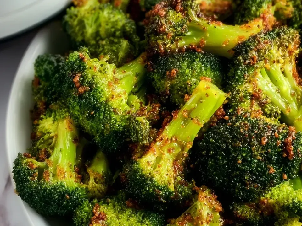 Broccoli florets with charred crisp edges under a reddish-orange spice crust, still green inside, in a white bowl
