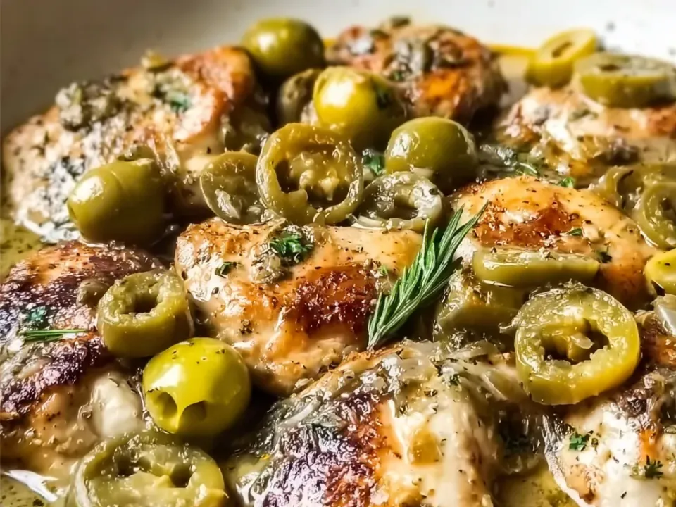 Browned chicken thighs in a clear golden pan sauce with sliced pepperoncini and herbs, in a white skillet