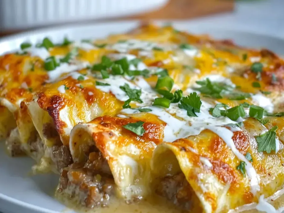 Rolled tortillas under a browned cheddar top with pale sausage crumbles at the cut end, drizzled with white gravy and scattered with sliced green onion and cilantro