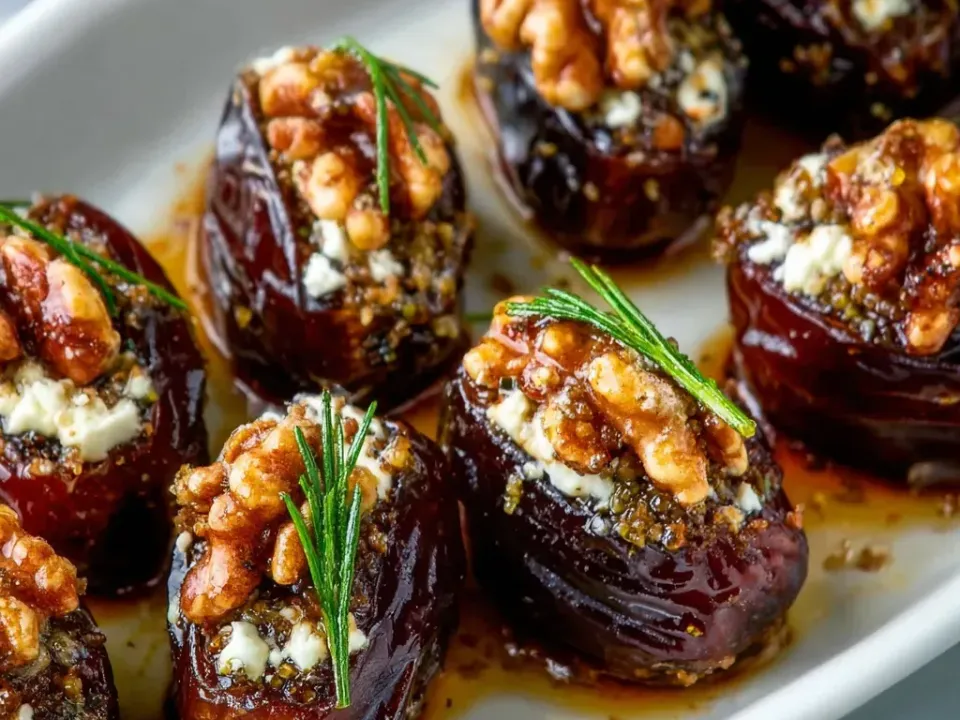 Whole roasted dates, dark and glossy, split and stuffed with white goat cheese and each topped with a walnut half, with rosemary and dark syrup pooling in the dish