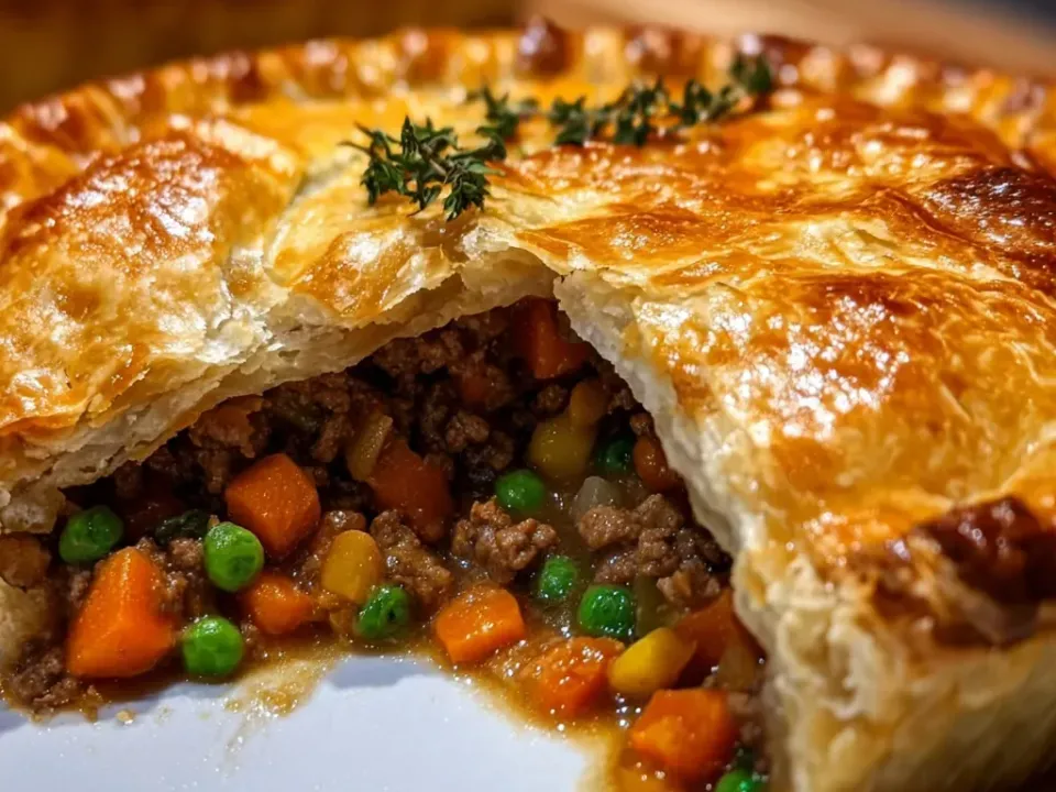 A round pie with a golden flaky puff-pastry top cut open to show ground beef, carrot, peas and corn in brown gravy, with a thyme sprig