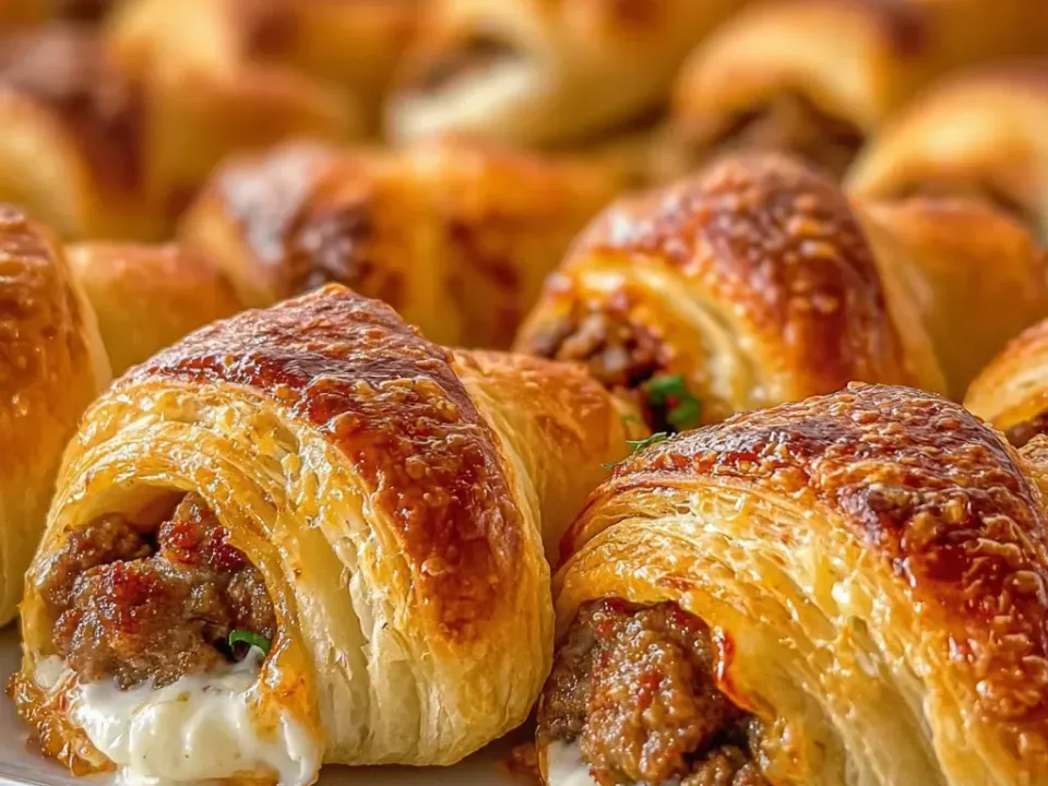 Rolled crescent-dough parcels, deeply golden and glossy with browned patches, cut ends showing browned crumbled sausage and a soft white cream-cheese layer with green herb