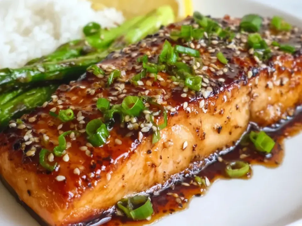 A thick seared salmon fillet under a dark glossy ginger-soy glaze with sesame seeds and green onion, beside white rice, asparagus spears and a lemon wedge