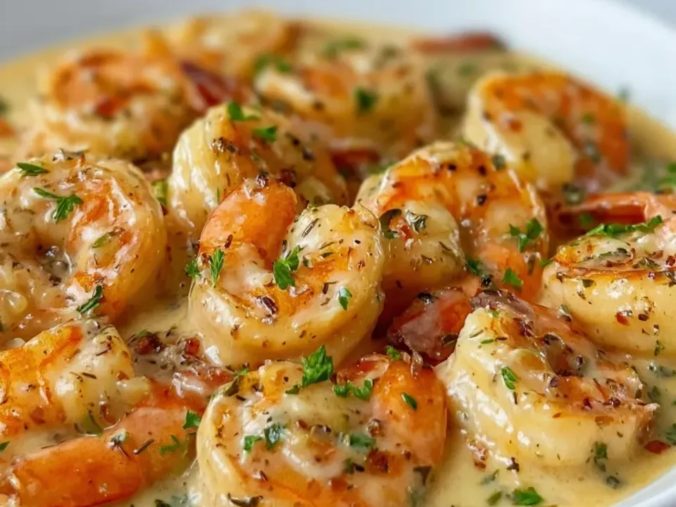 A white bowl of plump shrimp in a pale golden cream sauce seasoned with paprika, with small red pimento pieces and chopped parsley